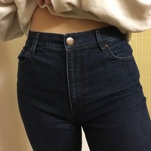 high waisted dark blue skinny jeans
